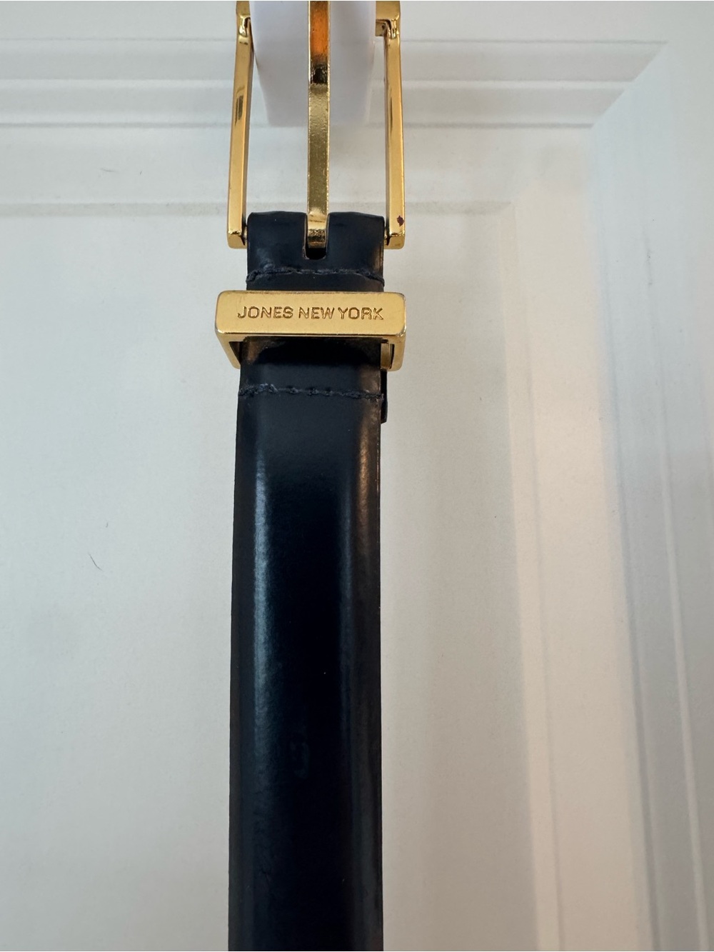 Jones New York Dark Navy Leather Belt with Gold Logo Accents
